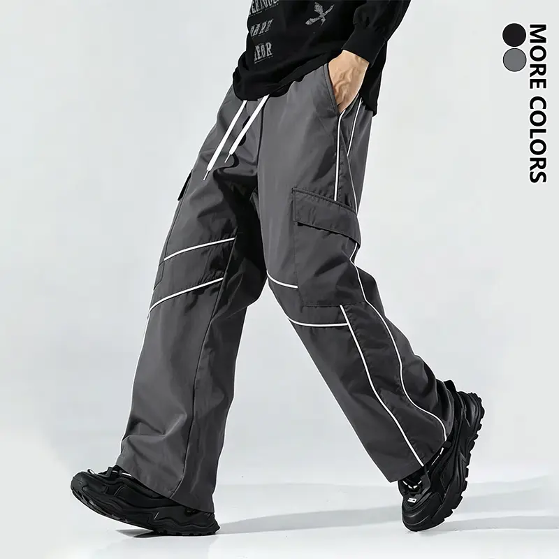 Men's Trendy Lightweight Straight & Wide Leg Casual Pants, Retro Patchwork Multi-Pocket Street Style Athletic Bottoms, Fashion Versatile Daily Long Trousers for Men
