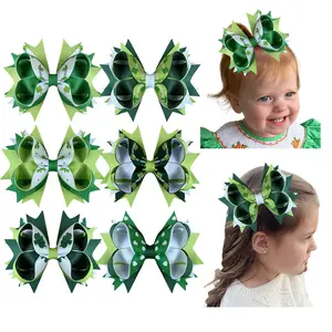 6pcs 5inch Green Shamrock Hair Bows for Girls, Cute Hair Accessories Set Double green bow clover