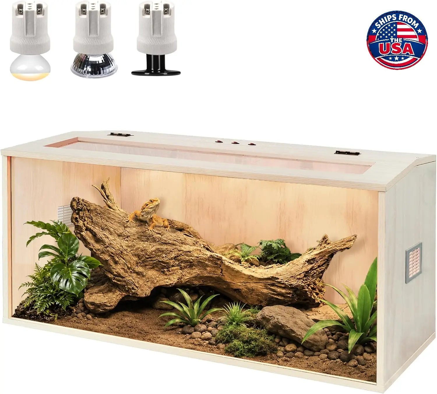 PROLEE 65 Gal Rectangle Wooden Bearded Dragon Enclosure, Tempered Glass Reptile Terrarium with Built-in Lamp Fixture & Transparent Roof (40x20x20in), Snake Enclosure Furniture, Reptile Enclosure