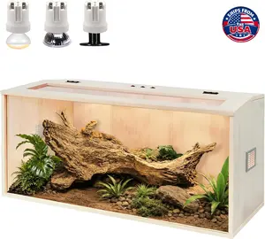 PROLEE Bearded Dragon Tank, 65 Gallons Wooden Reptile Terrarium and Lizard Tank, Tempered Glass Large Bearded Dragon Enclosure with Built-in Lamp Fixture (40X20X20inch)