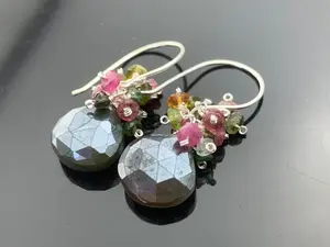 Green Brown Chalcedony Earrings · Watermelon Tourmaline Cluster · 925 Sterling Silver Jewelry · Gemstone Dangle