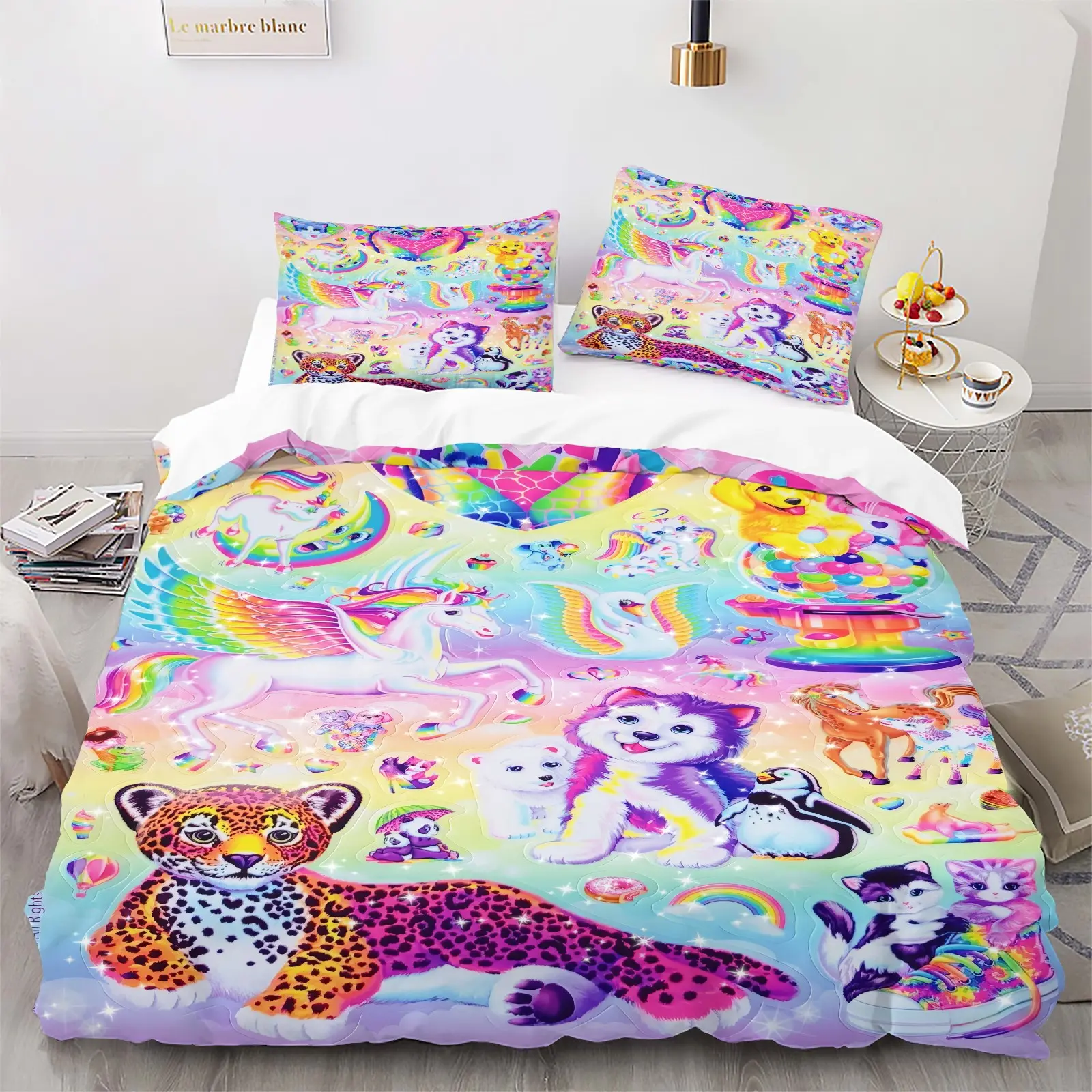 Rainbow Unicorn Duvet Cover Set, Includes 1 Duvet Cover and 1/2 Coreless Pillowcases, Girls' Gift, Colorful Bedding for Kids Room