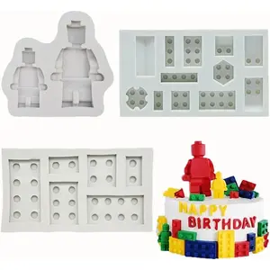 3pcs Building Bricks Robots Silicone Molds for DIY Fondant Candy Chocolate Ice Cube Gum Clay Biscuit Plaster Resin Cupcake Topper Cake Border Decor Moulds