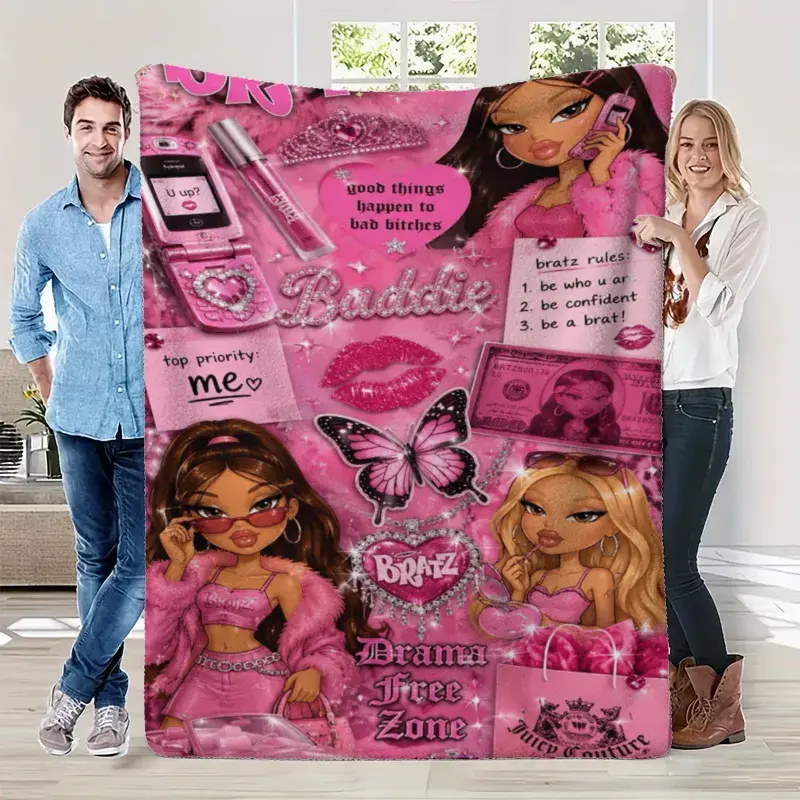 Bratz Blanket, Pink Y2K Baddie Throw Blanket, Bratz Doll 2000s Aesthetic Blanket for Girls Women, Cute Girly Bedroom Decor, Soft Cozy Fleece Blanket for Couch Sofa Bed, Birthday Christmas Gift for Bratz Fans