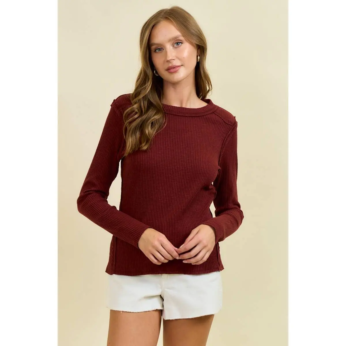 Doe and Rae Western Yoke Ribbed Long-Sleeve Tee — Cinnamon or Acorn Stretch Knit with Exposed Seams