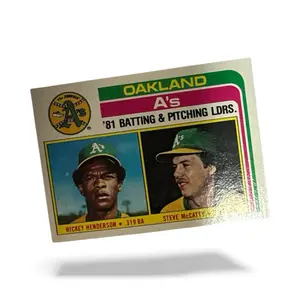 Topps Oakland A's Trading Card - Green and Yellow of Ricky Henderson 1981 mint Batting & Pitching LDRS