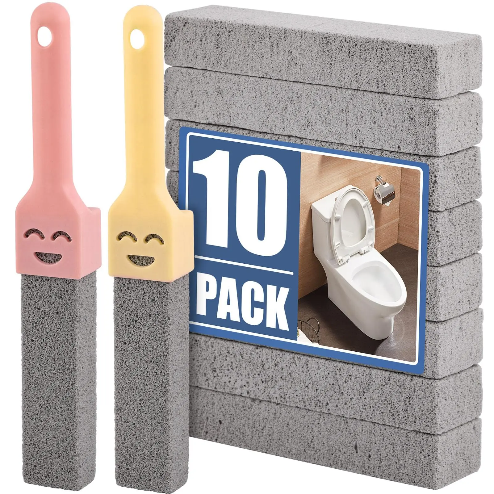 Grey Pumice Stone Scouring Stick Brush Set - 10 Toilet Brush Refills, 2 Universal Handles, Chemical-Free, Rust & Limescale Stain Remover, Home Bathroom Supplies