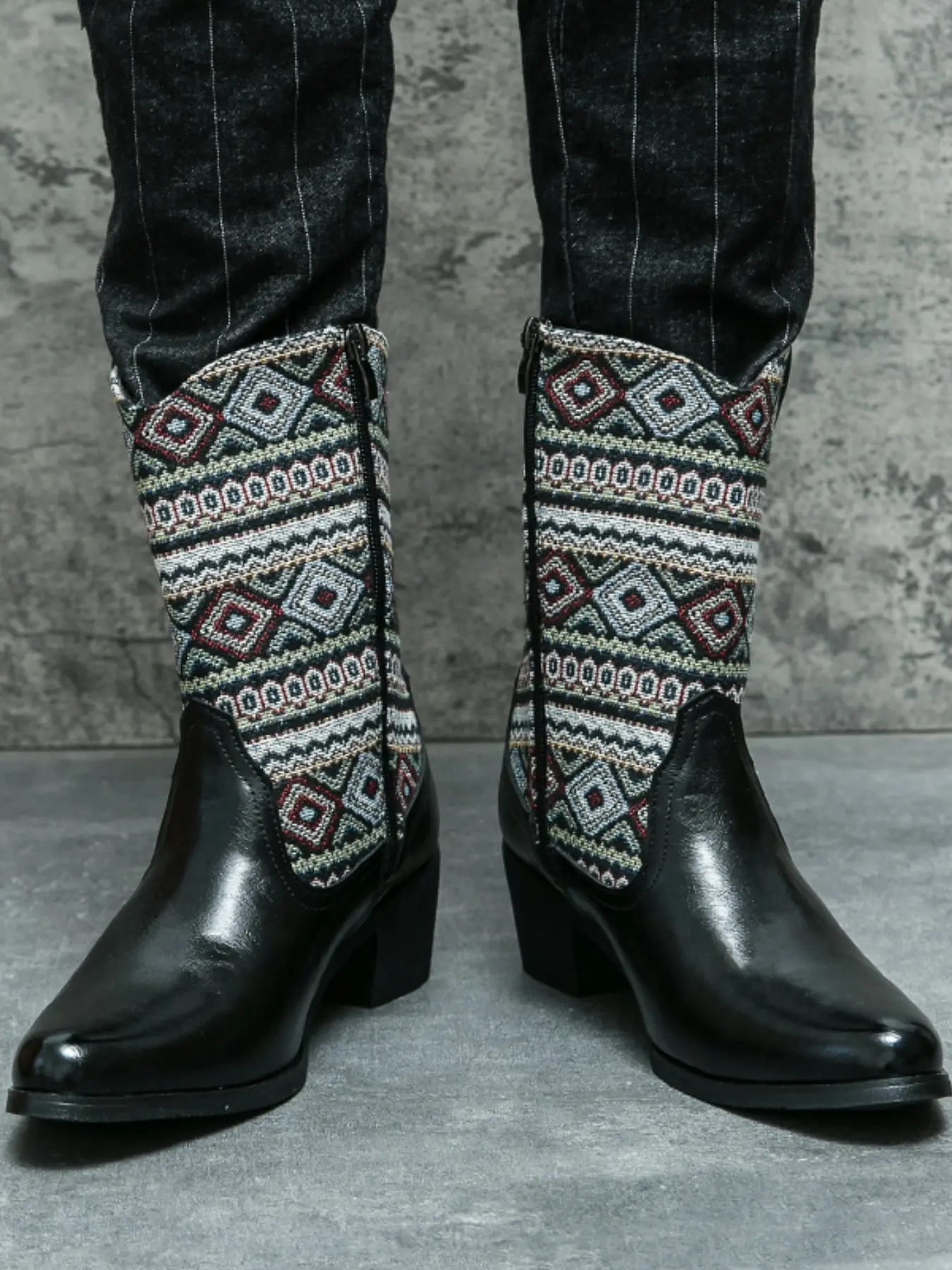 Men's High Heel Western Cowboy Boots PU Leather Patchwork Embroidered Design, Stylish Male Footwear for Casual & Formal Occasions