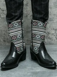 Men's High Heel Western Cowboy Boots PU Leather Patchwork Embroidered Design, Stylish Male Footwear for Casual & Formal Occasions