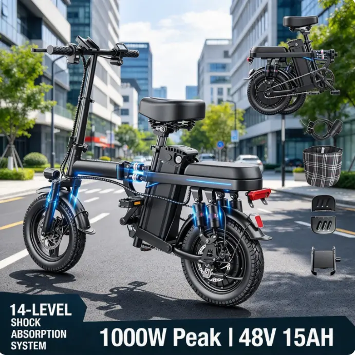 Adults' Electric Folding Commuter Bike, 500W Motor, 48V 15Ah Battery, Foldable Frame, 14-Level Suspension, Dual Disc Brakes, UL2849 Certified, Compact Shock-Absorbent Ebike for Urban Commute & Long Trips