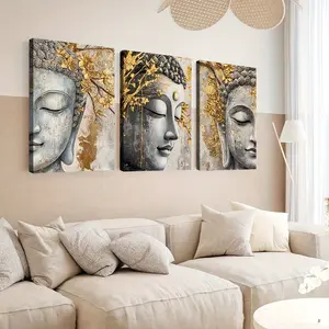 Framed Set of 3 Canvas Wall Art Ready to Hang Art Deco Classic Modern Style, Golden and Gray Buddha Canvas Wall Art, Wood Framed Indoor Wall Hanging Decor for Home, Office, Living Room, Dining Room Minimalist Style Aesthetic Artwork for Living Room Home