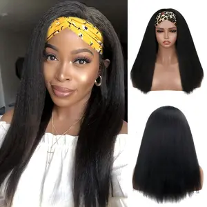Ourwigs Kinky Straight Headband Synthetic Wig Glueless Long Black Italian Yaki Half Wig Soft Natural for Women Daily Party Use