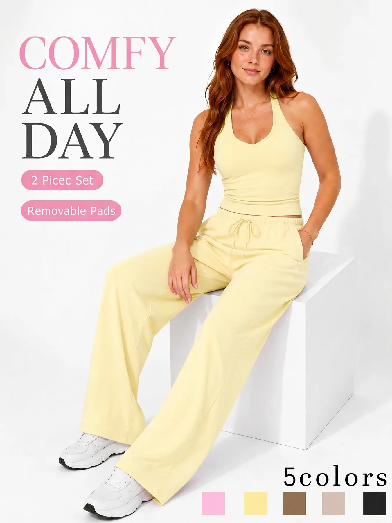 Women's 2 Piece Set, Sports Wear Set, Cami Top Long Pants Breathable Adjustable Drawstring Wide Leg Pants Moisture Wicking Four Way Stretch Removable Padded Gym Outfit Outdoor Fashion