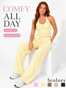 Women's 2 Piece Set, Sports Wear Set, Cami Top Long Pants Breathable Adjustable Drawstring Wide Leg Pants Moisture Wicking Four Way Stretch Removable Padded Gym Outdoor Fashion