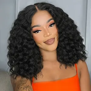 12 Inch Deep Wave Wig Black Curly Synthetic Hair Wig Short Curly Wave Wig Middle Part Loose Wave for Women Synthetic Curly Wig Loose Deep Wave Bob Wigs Daily Party Use