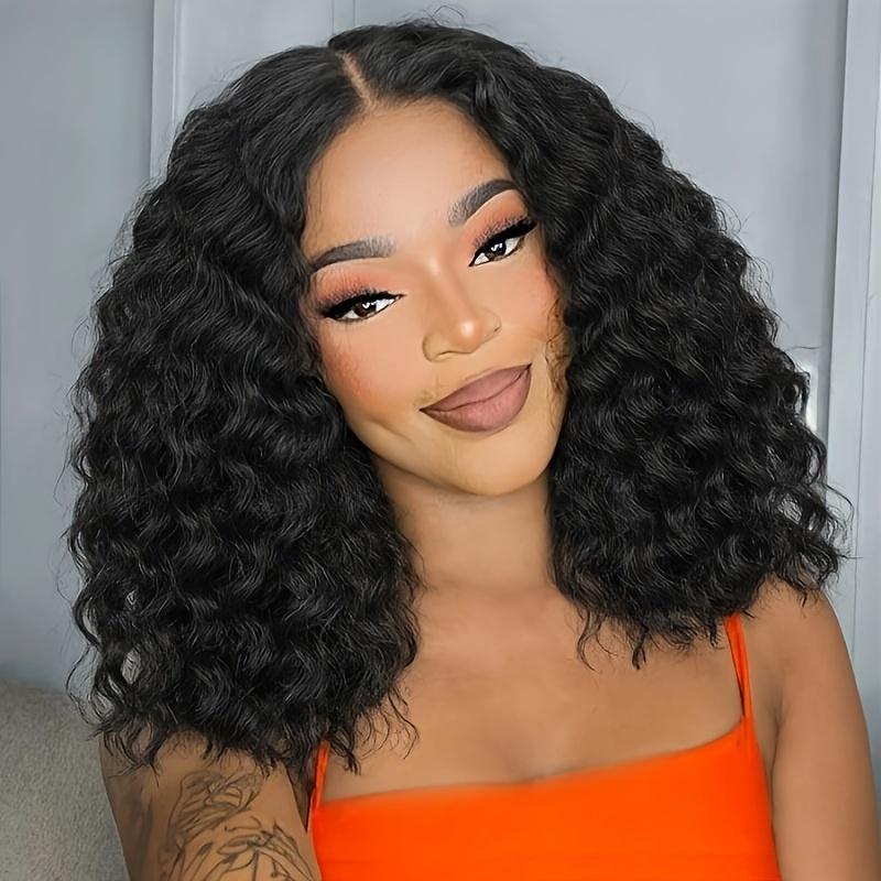 12 Inch Deep Wave Wig Black Curly Synthetic Hair Wig Short Curly Wave Wig Middle Part Loose Wave for Women Synthetic Curly Wig Loose Deep Wave Bob Wigs Daily Party Use