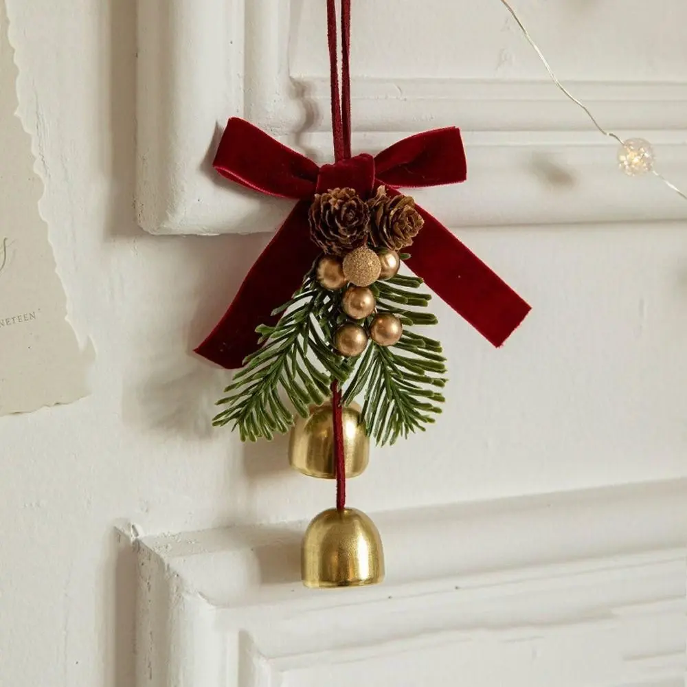 Rustic Christmas Door Decor, Red Velvet Bow Pine Cone Bell Hanging Ornament, Holiday Home Decoration