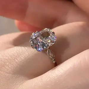 S925 Sterling Silver Flower Cut Three stones Square Synthetic Moissanite 7*9mm Ring-122(20%)