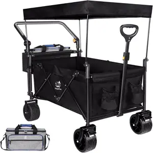 Heavy Duty Collapsible Wagon Folding Wagon Cart with Removable Canopy, 4" Wide Large All Terrain Wheels, Adjustable Handles, Cooler Bag Utility Carts