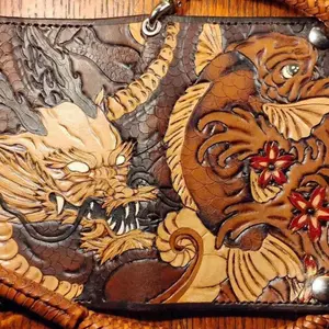 Tooled Leather Asian Dragon and Koi Fish Bifold Wallet with Intricate Carving and Floral Accents