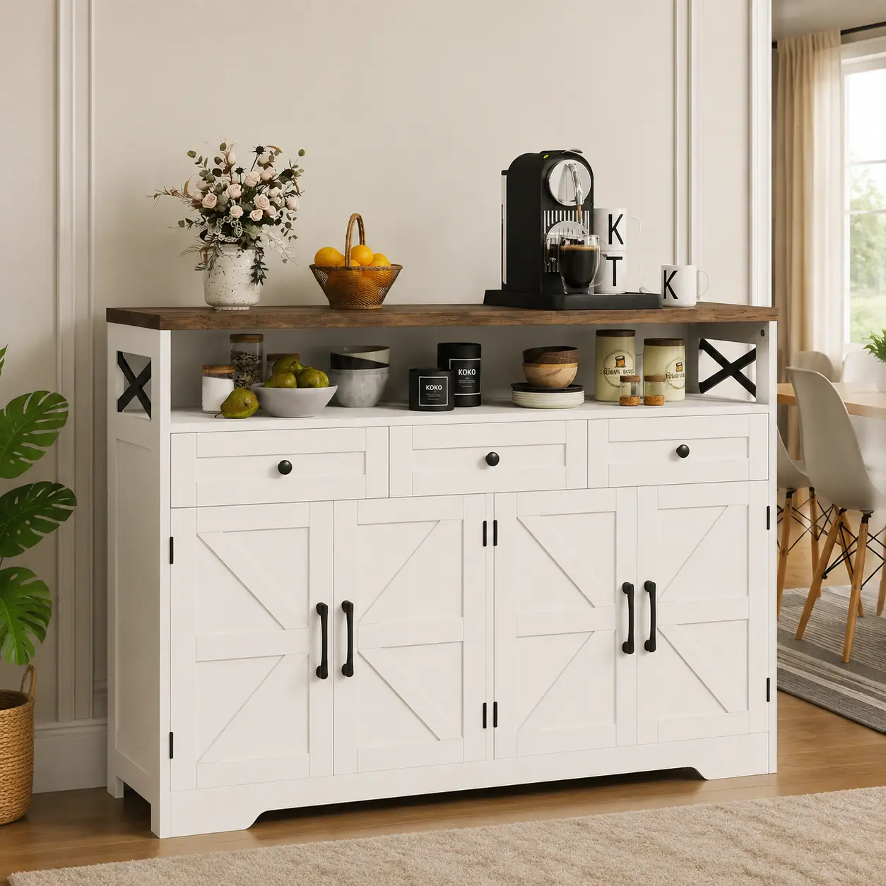 [Summergarden] Vabches Farmhouse Buffet & Sideboard Cabinet - White Wooden Construction Pantry with Multiple Drawers, Cupboard Hutch, Coffee Bar Station for Kitchen, Living Room,dorm essentials,home decor