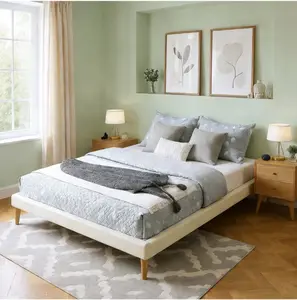 Queen Size Faux Leather Platform Bed Frame,No Box Spring Needed,Solid Wood Center Support,White