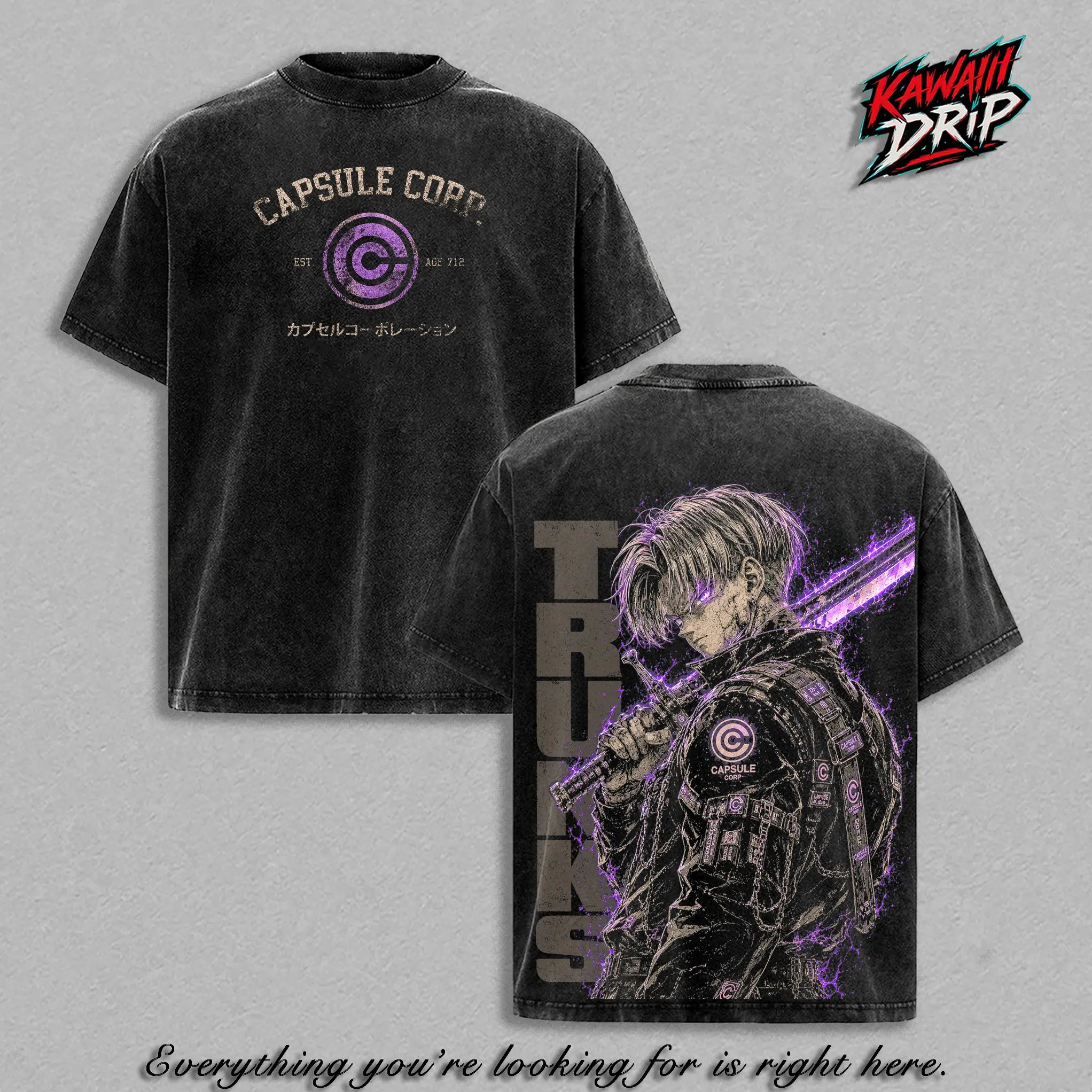 Future Trunks Capsule Corp Graphic Tee Vintage Washed Shirt Anime T-Shirt Saiyan Warrior Streetwear Tee DBZ Oversized Heavy Cotton Unisex Apparel Gift for DBZ Fans and Anime Lovers