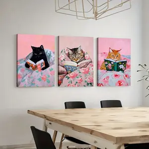 3-Piece Set Cute Cat Bookworm Art Poster, Unique Modern Style Print, Perfect for Living Room Bedroom Office Cafe Decoration, Home Decor Products