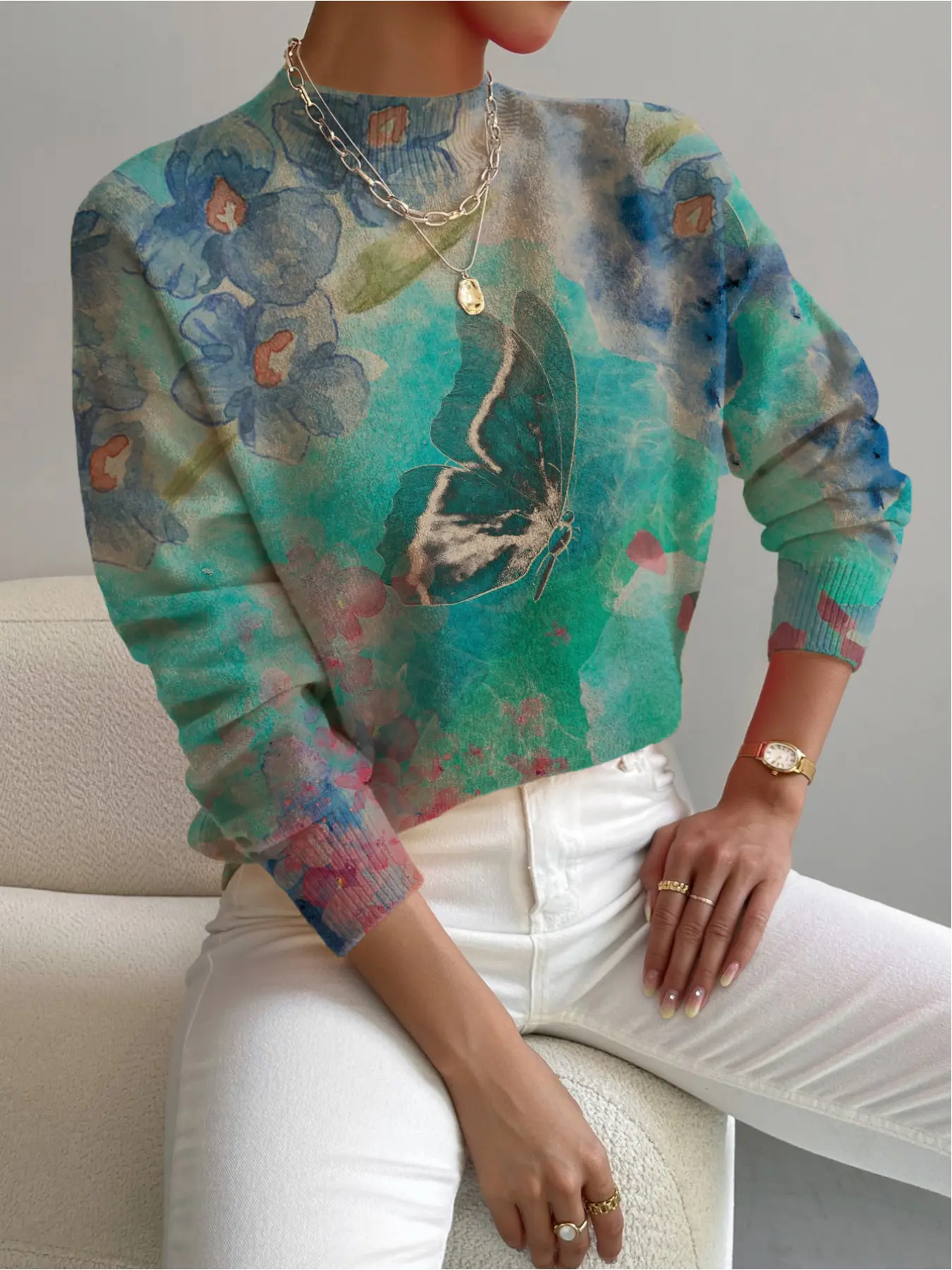 1 piece + Spring, Autumn, Winter styles. Small stand-up collar, color-changing blue and green gradient butterfly flower print ladies' knitted printed sweater. Ideal for holidays, casual and elegant office wear, elegant women's versatile sweater.