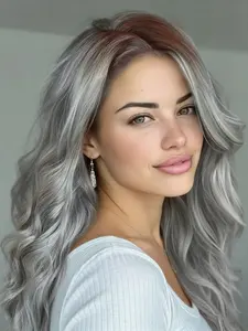 Grey wig 13*4 front lace Adjustable elastic net cap Middle-parted large wavy long curly hair design With baby hair Gray-black gradient Natural and comfortable to wear Suitable for daily wear/party gatherings/New Year gifts/Valentine's Day gifts -30 inches