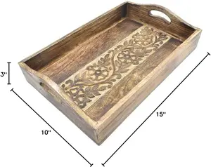 STORE INDYA Rustic Large Wooden Serving Tray Platter for Tea Snack Dessert with Handle Hand Carved Floral Design 14 x 10 Inches Mango Wood Kitchen Dining Serve-Ware Accessories