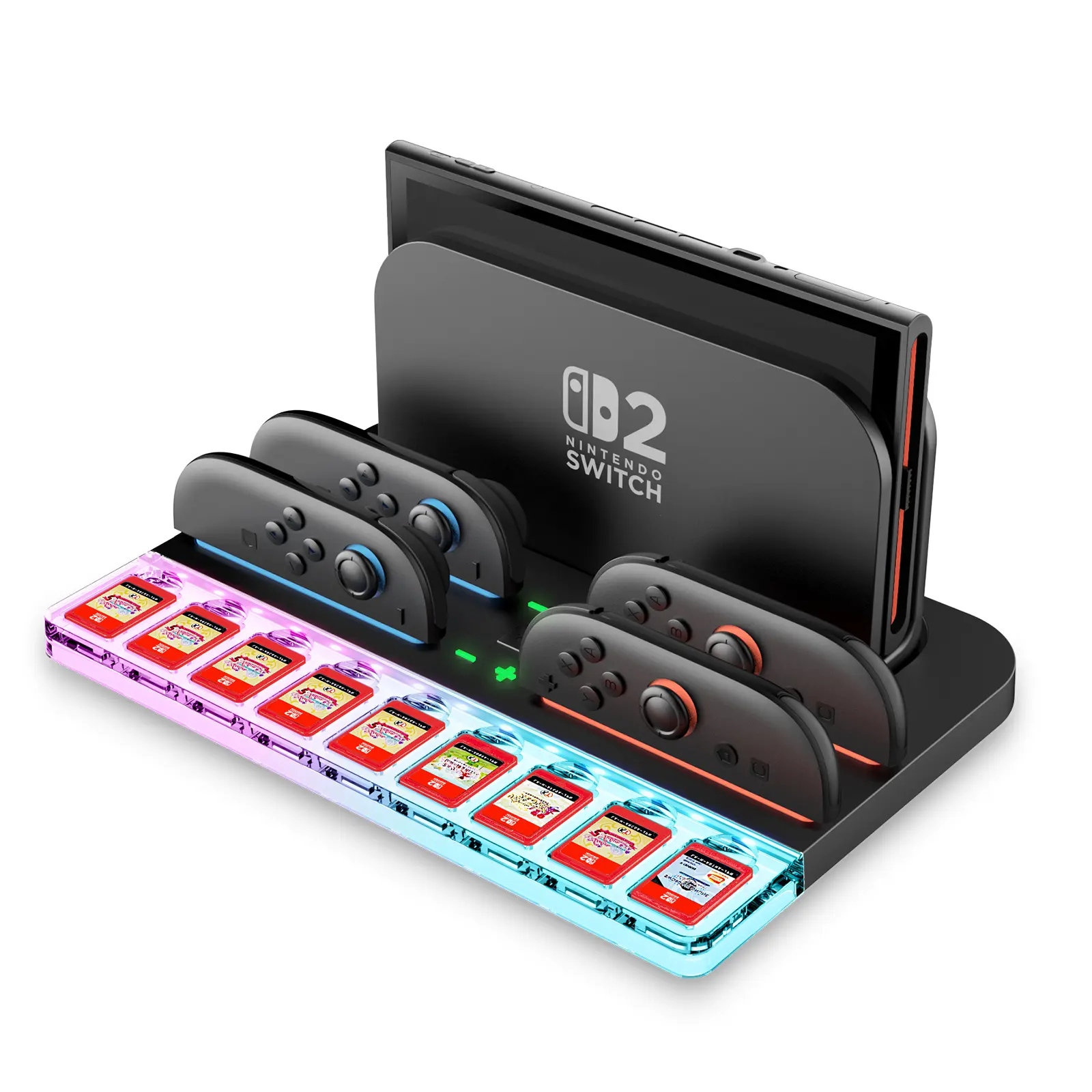i-Blason Charging Dock Storage Base for Nintendo Switch 2 JoyCon Controllers [9 Game Card Slots] [Ambient Lighting] All-in-one Charging Station Storage Stand Organizer with USB Charging Cable