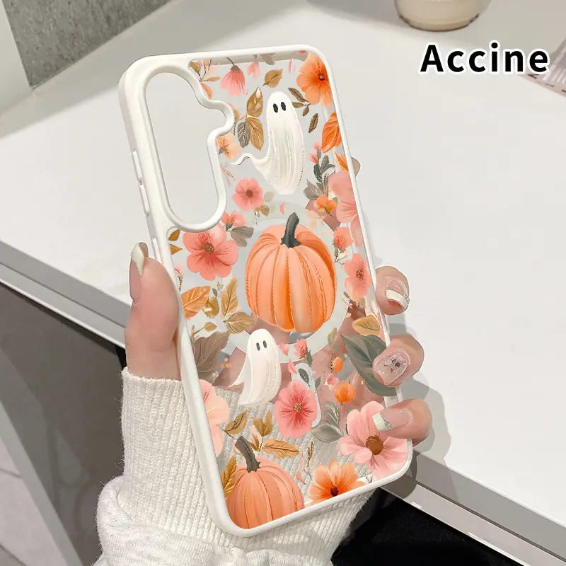 Autumn Ghost Floral Pattern Magnetic Smartphone Casing, Anti-Yellowing Shockproof Lightweight Transparent Acrylic Soft Cover for Galaxy S22+ FE S23 Ultra S24 Plus S25, Supports Wireless Charging, Cellphone Protection Accessories, Durable