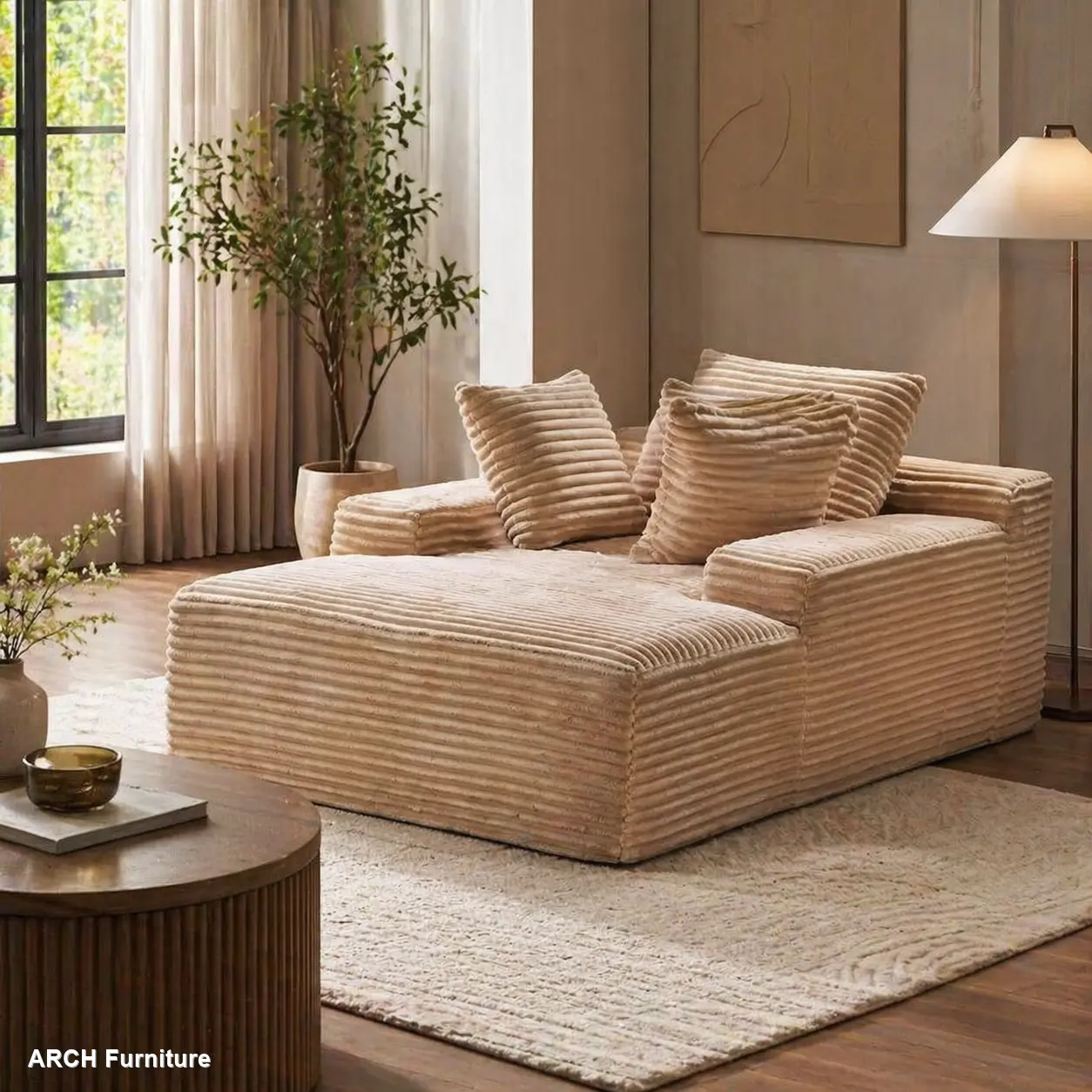 66-in Oversized Arch Cloud Sectional Sofa - Boneless Corduroy Upholstered, Fully Assembled Multiple-Seat Indoor Beige Sectional Living Room Furniture with 3 Pillows, Chaise Lounge Chaise Bed