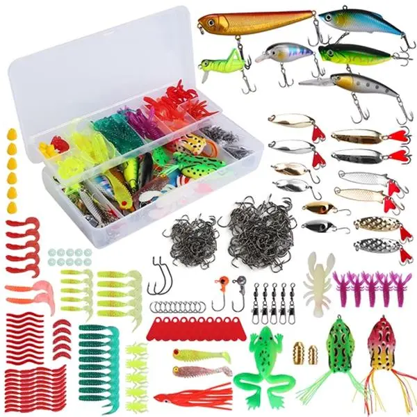 375-Piece Fishing Lure Kit with 2-Layer Tackle Box, Lifelike Durable Plastic & Metal Baits for Freshwater & Saltwater Bass, Trout - Ideal Gift for Anglers & Boyfriend, Gift For Boyfriend, 390G/0.86Lbs