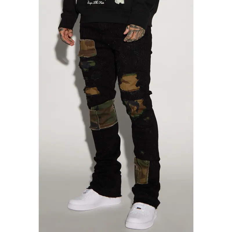 Hint Of Camo Stacked Skinny Flare Jeans - Black