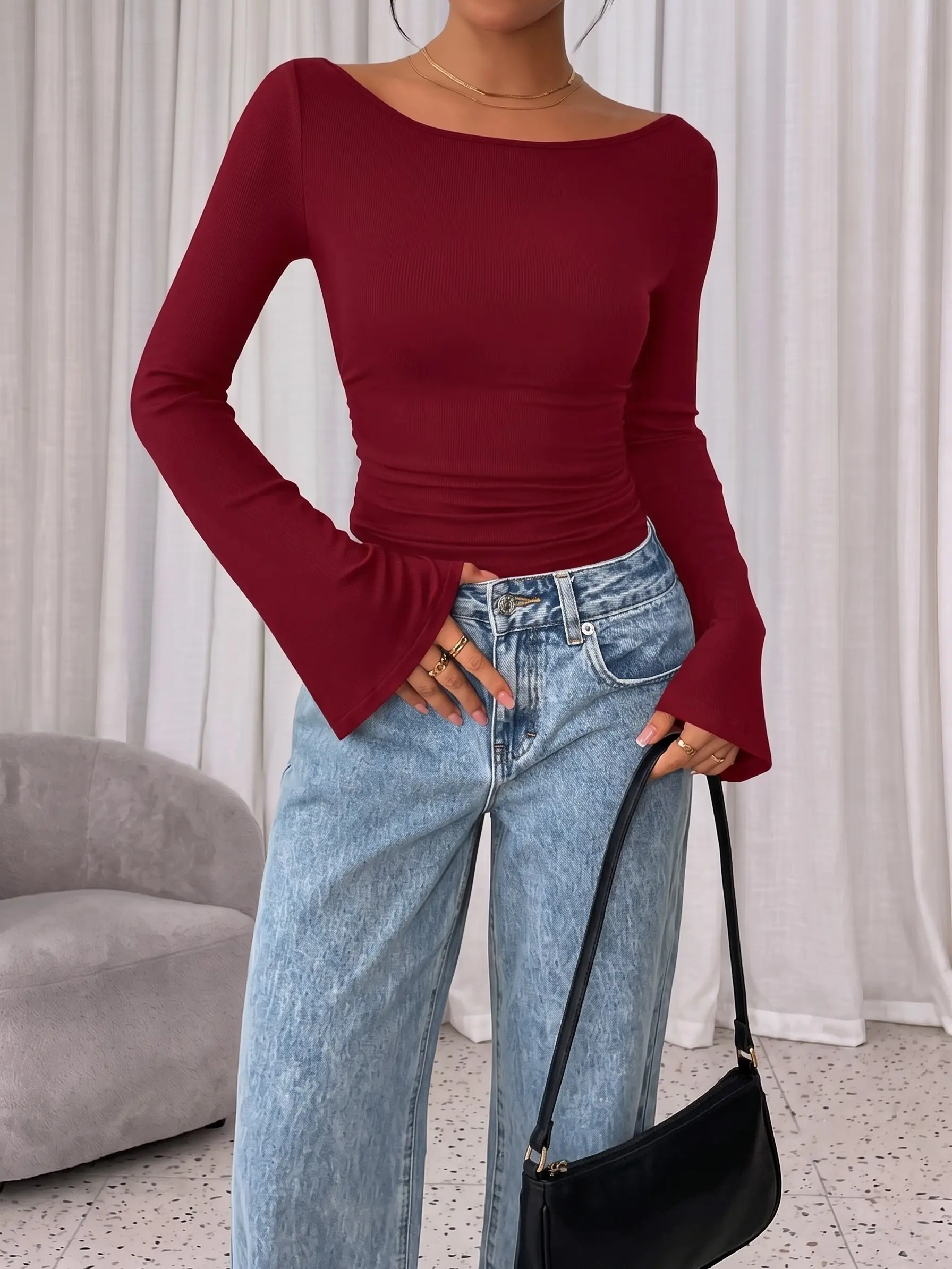 Women's Boat Neck Long Sleeve Tops Ruched Slim Fit Shirts Flared Bell Sleeve Ribbed Knit Y2K Fall Clothes