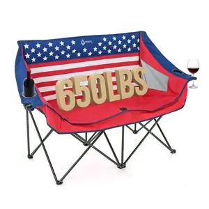 ARROWHEAD OUTDOOR  Portable Folding Double Duo Camping Chair Loveseat Couch w/ 2 Cup & Wine Glass Holders, Supports 650 lbs (American Flag)