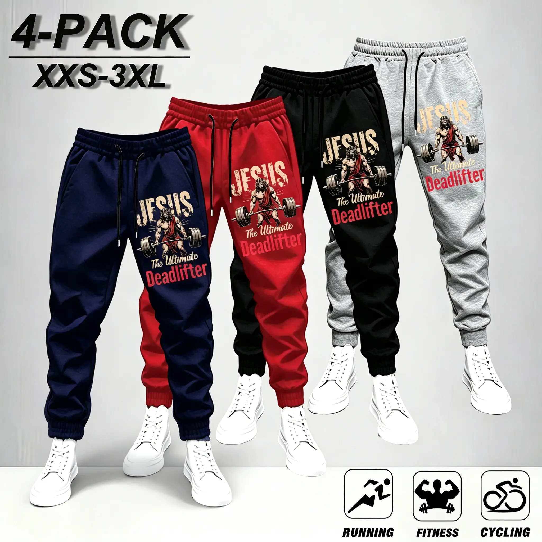 4 Pack Jesus The Ultimate Deadlifter Sweatpants XXS-3XL for Running Fitness Cycling,jesus deadlifter powerlifting joggers,faith fitness graphic sweatpants,ultimate deadlifter motivational gym pants,christian lifter streetwear joggers,