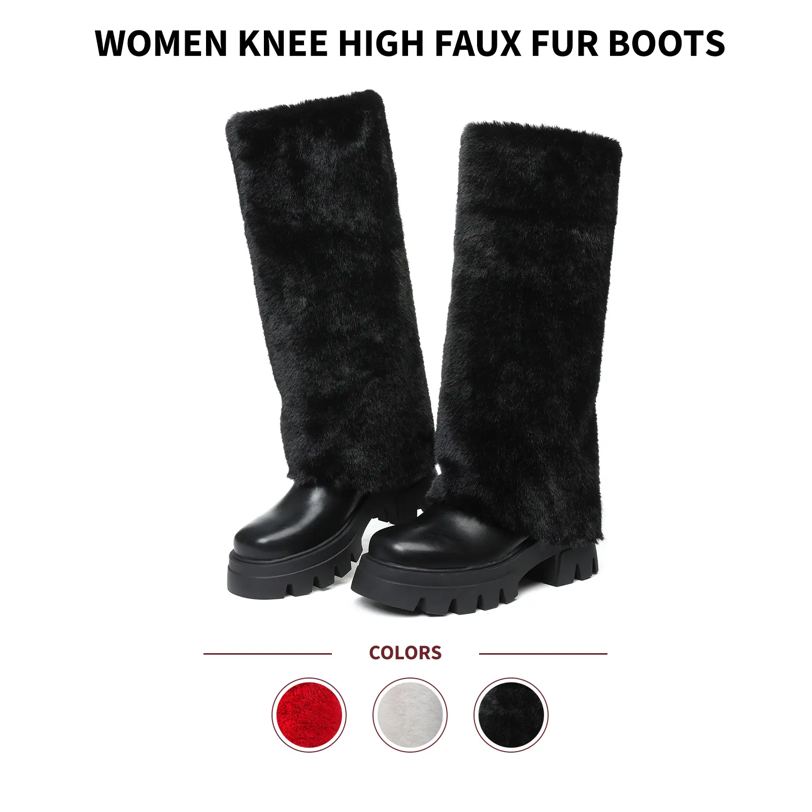 Women Knee High Boots Platform Faux Fur Round Toe Chunky Block Heel Pull On Plush Fluffy Furry Cozy Soft Statement Designer Inspired Stylish Premium Lightweight Daily Casual Snow Holiday Thanksgiving Travel Shopping Date Street Style Gift Fashion Boots
