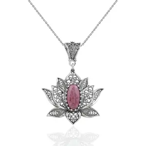 Filigree Art Rhodonite Gemstone Blossoming Lotus Flower Women Silver Pendant Necklace