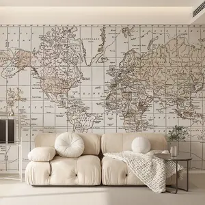 Map Wall Mural Peel and Stick 148" W x 110" H World Map Line Wallpaper Self-Adhesive Customizable Large Vintage Landscapes Murals Canvas Wall Decor for Bedroom Bathroom