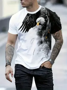 Men's Summer Casual 3D Eagle Print T-Shirt, Lightweight Polyester, Fitted, Round Neck, Short Sleeve, Outdoor Pattern, Dynamic Color Design