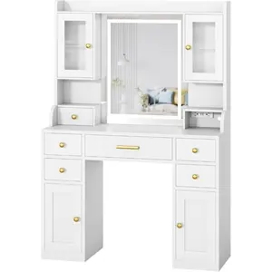 Large White Vanity Desk with Mirror and Lights, Makeup Dressing Table Vanity Table,3 Lighting Modes,Charging Station, 6 Drawers, Cabinets & Storage Shelves