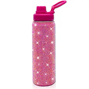 22oz Stainless Steel Bling Crystal Water Bottle Rhinestone Vacuum Insulated With Spout Lid Reusable Double-wall Glitter Sport Gift For Women Girl (hot Pink)