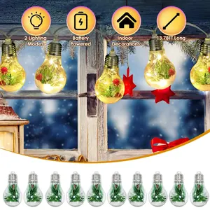 1Pc 13.78FT Christmas Snow Globe String Light Battery Powered 10 LED Bulbs Indoor Christmas Lights With Pine Needles Snowflakes Berries