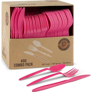400 Pack Disposable Plastic Utensils Assorted Colored Cutlery Combo Set Forks Spoons Knives Silverware, Pink Plastic Cutlery for Parties