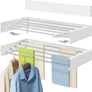 Wall Mounted Foldable Clothes Drying Rack, 32-Inch Wide, 5 Stainless Rods,-Saving Laundry Drying Rack with Wall Template, White