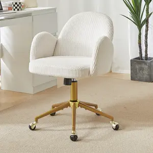 Compact Vanity Chair with Petal Back, Corduroy Makeup Chair with 360° Swivel, Adjustable Height Armless Desk Chair for Small Bedrooms, Dorm Rooms & Home Studio