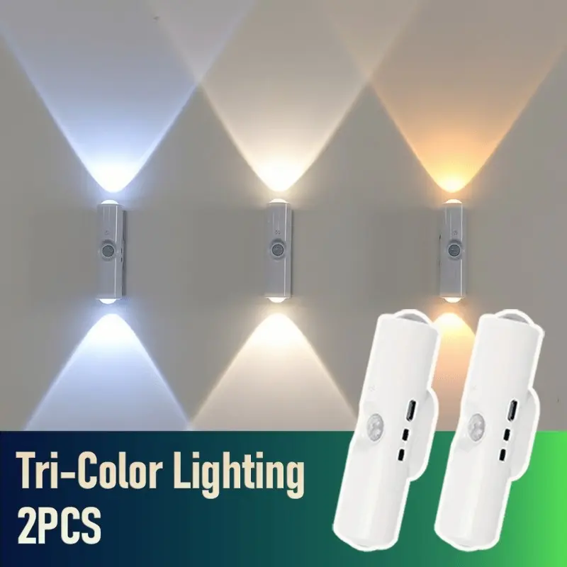 2-pack - motion-sensor night light, magnetic wall light, removable wall-mounted lighting device with lens, up/down lighting function, USB rechargeable LED light, indoor wooden wall light, wardrobe light, suitable for hallways and stair areas